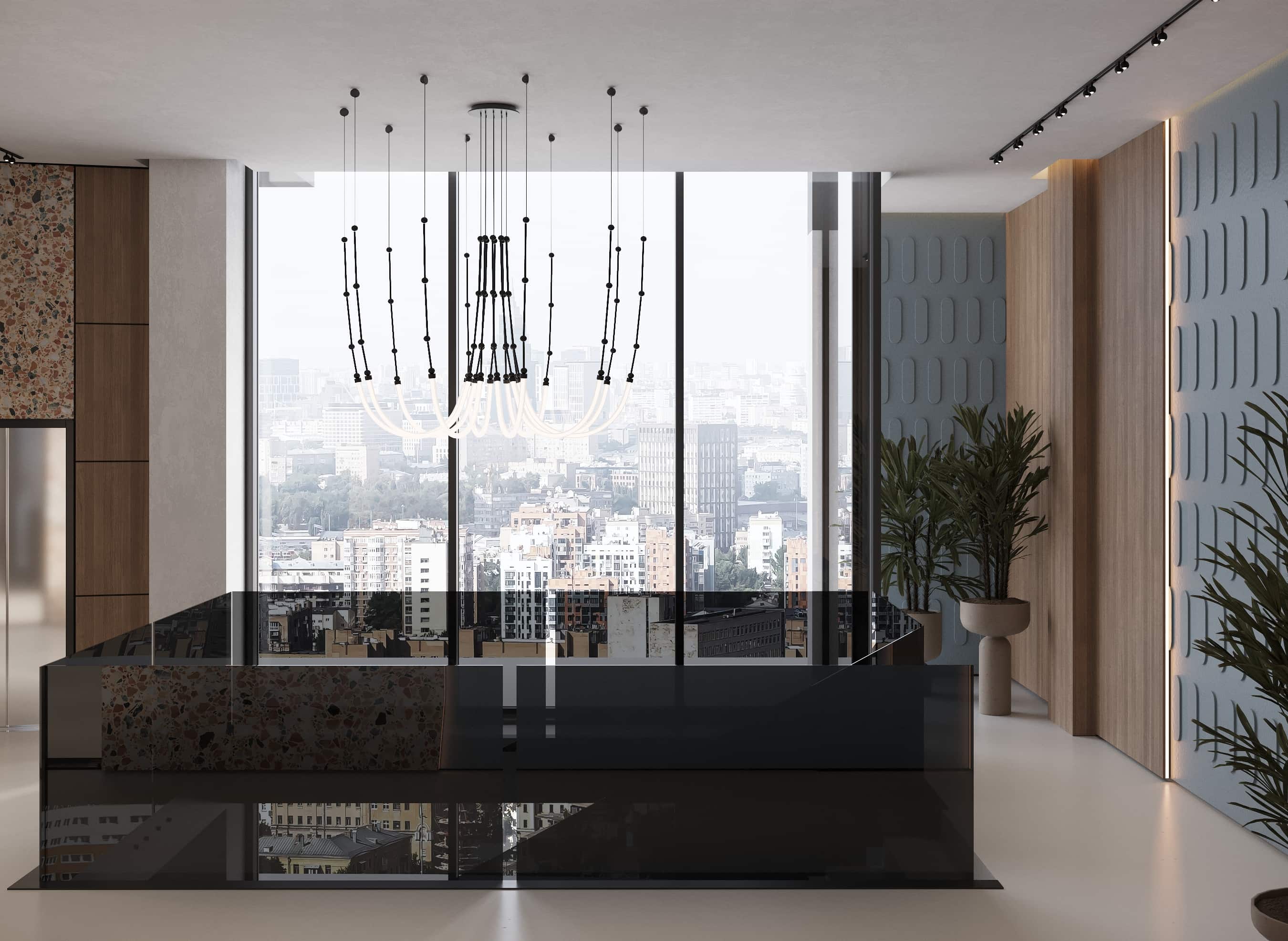 Luxury office stairs area with terrazzo desk, floor-to-ceiling windows, and modern chandelier overlooking city skyline