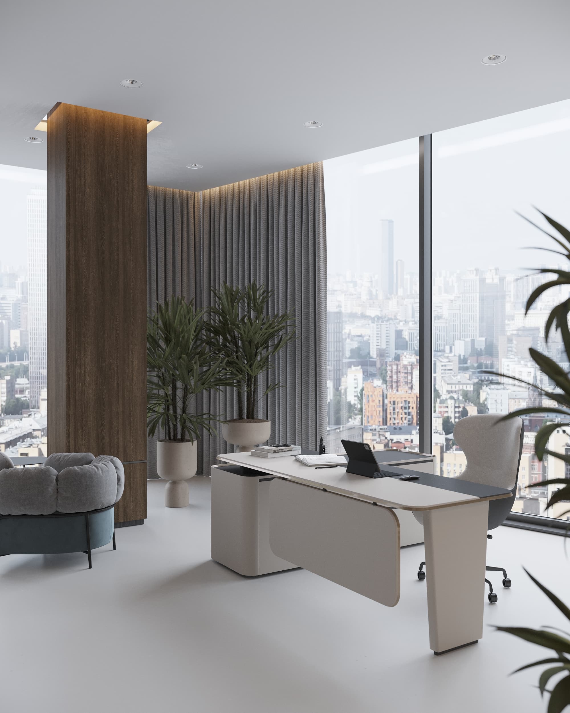 Modern corner office with panoramic city view, minimalist white desk, and elegant indoor plants