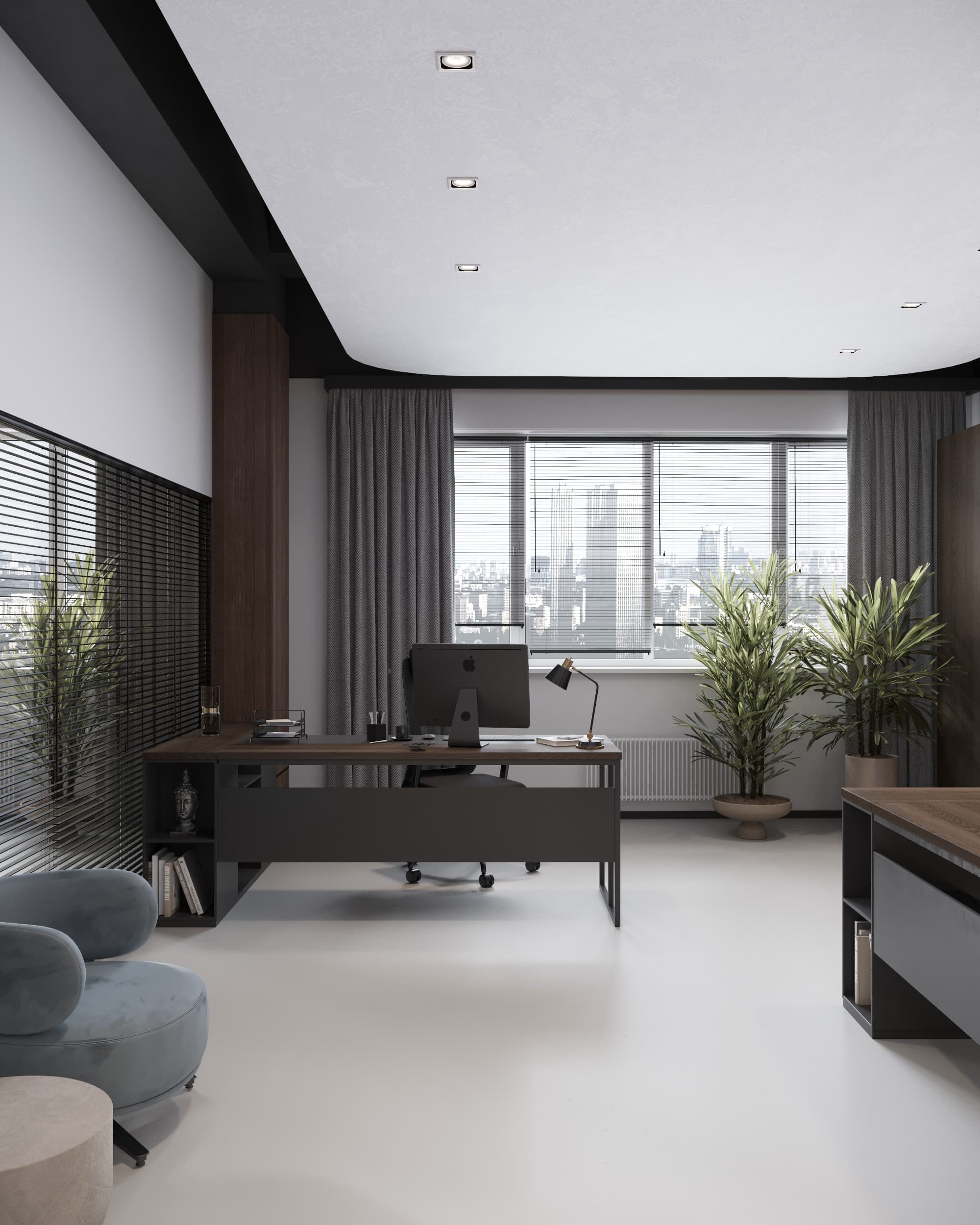 Executive office interior with modern black desk, large window view, and minimalist decor