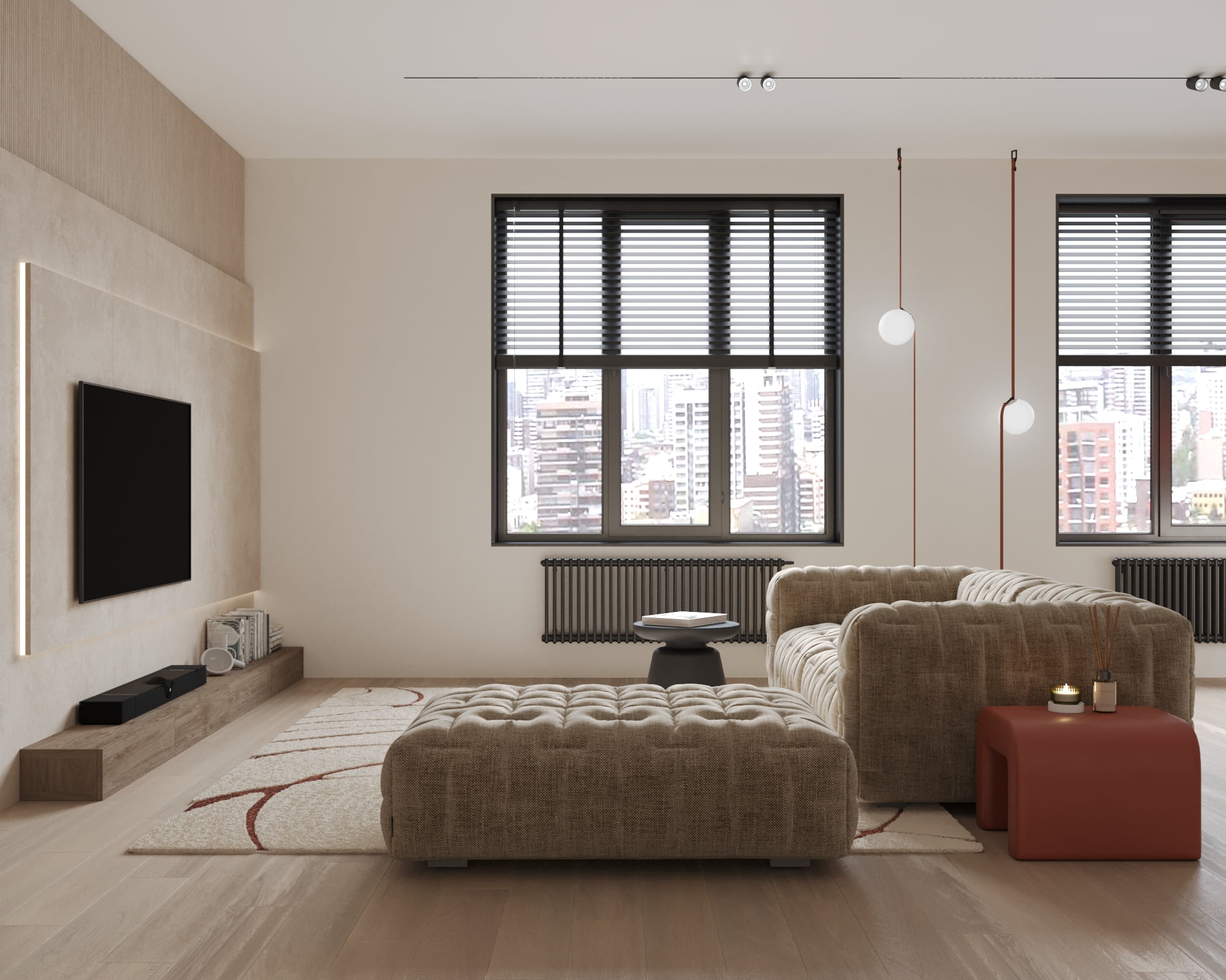 Modern lounge with a tufted sofa, wall-mounted TV, and panoramic city views through large windows