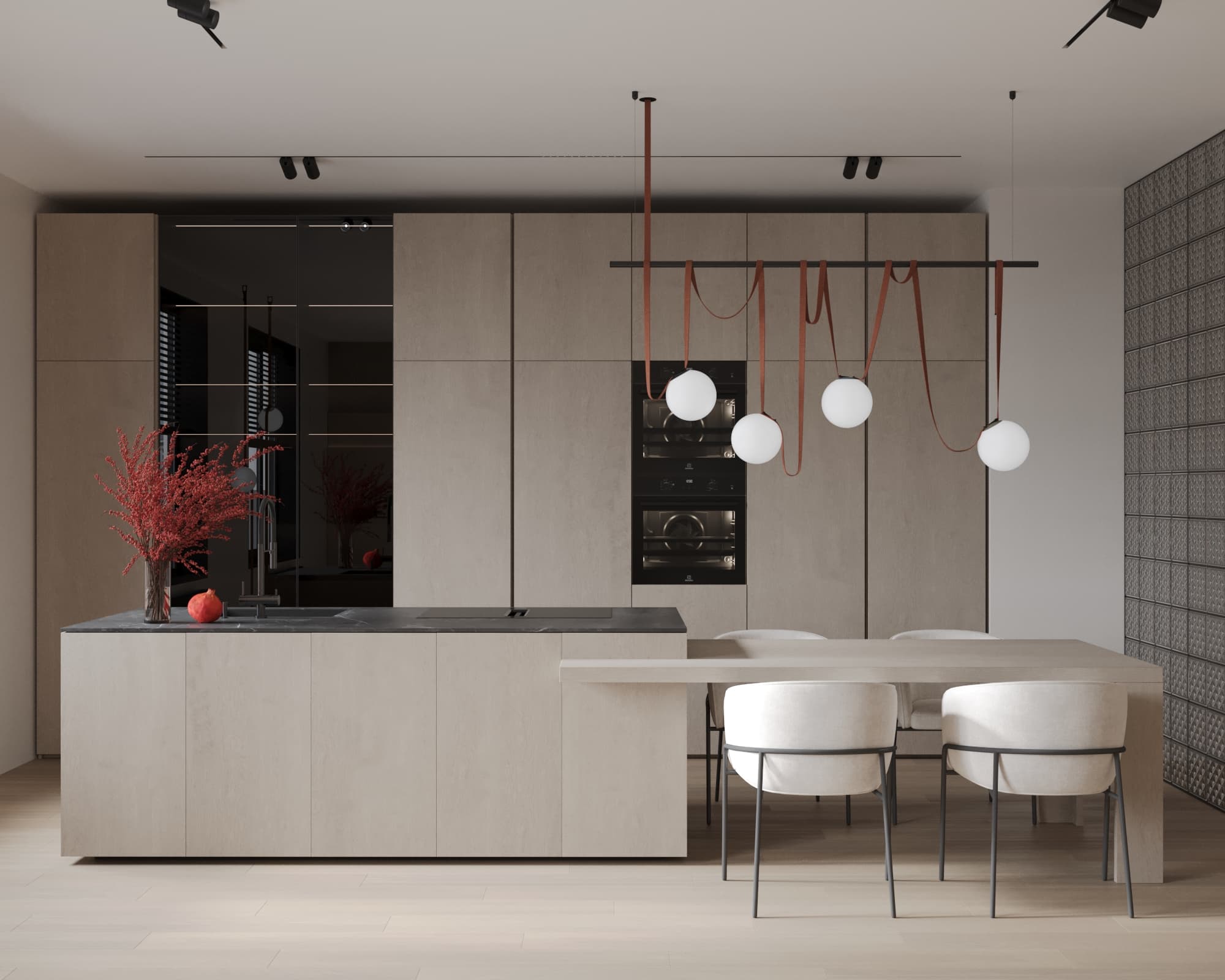 Modern beige kitchen with red cord pendant lighting and built-in ovens