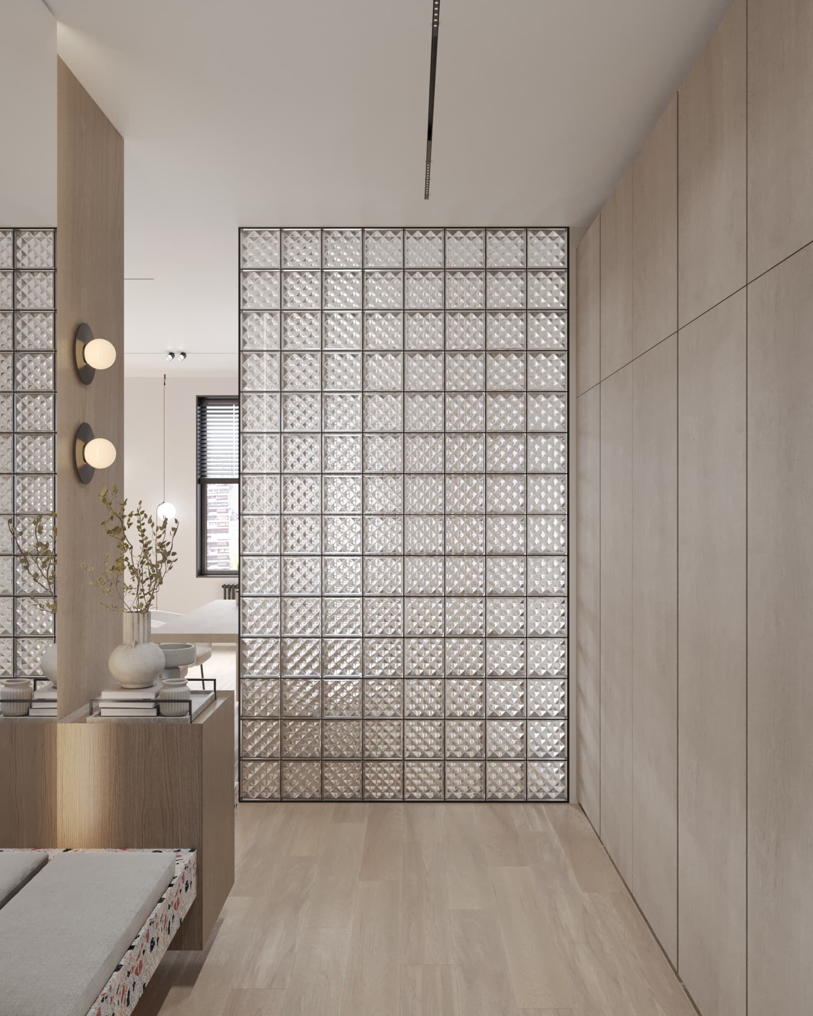 Modern hallway with glass block partition, terrazzo bench, and neutral wood paneling