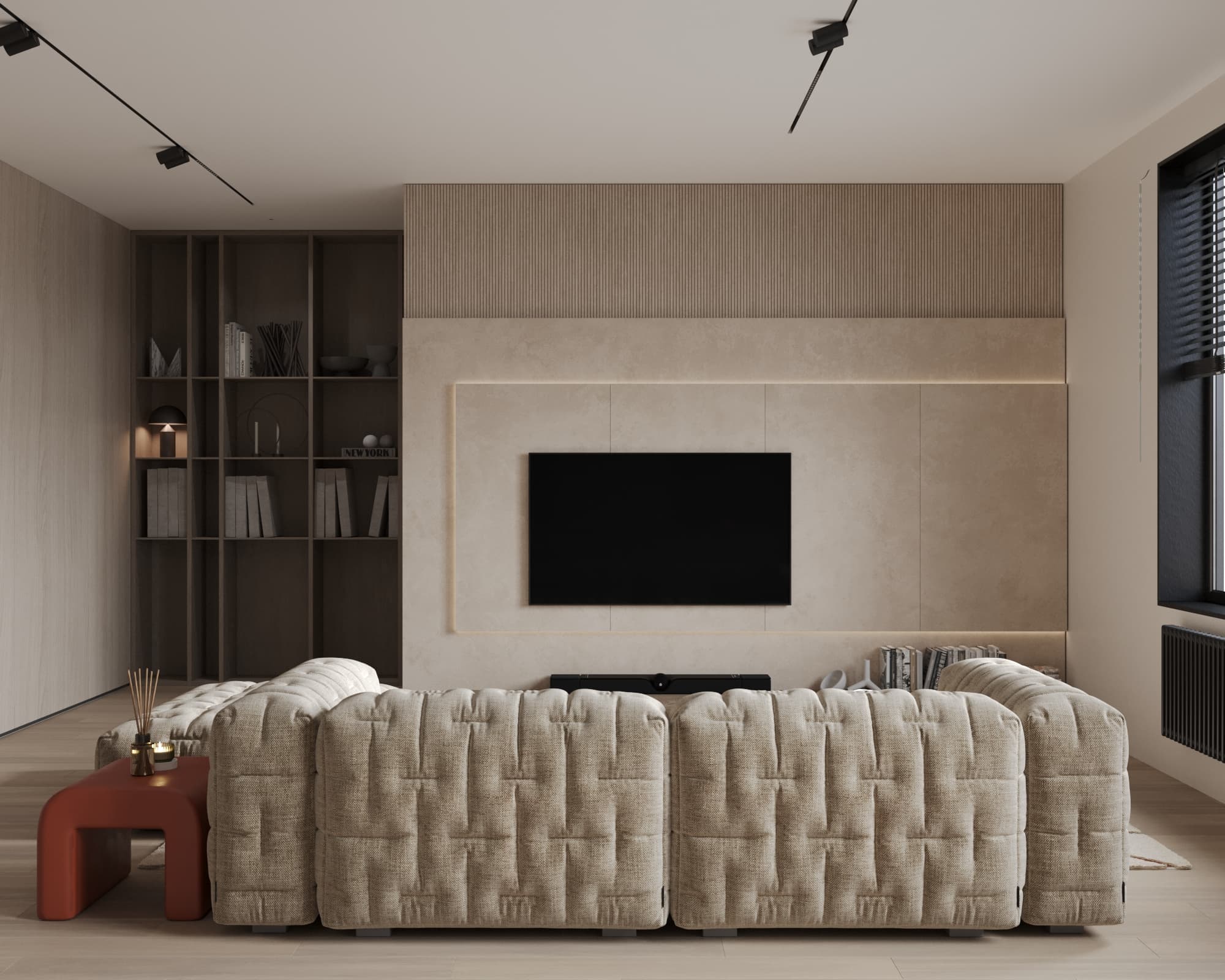 Textured fabric sofa facing a modern TV wall with built-in shelves and concealed LED lighting