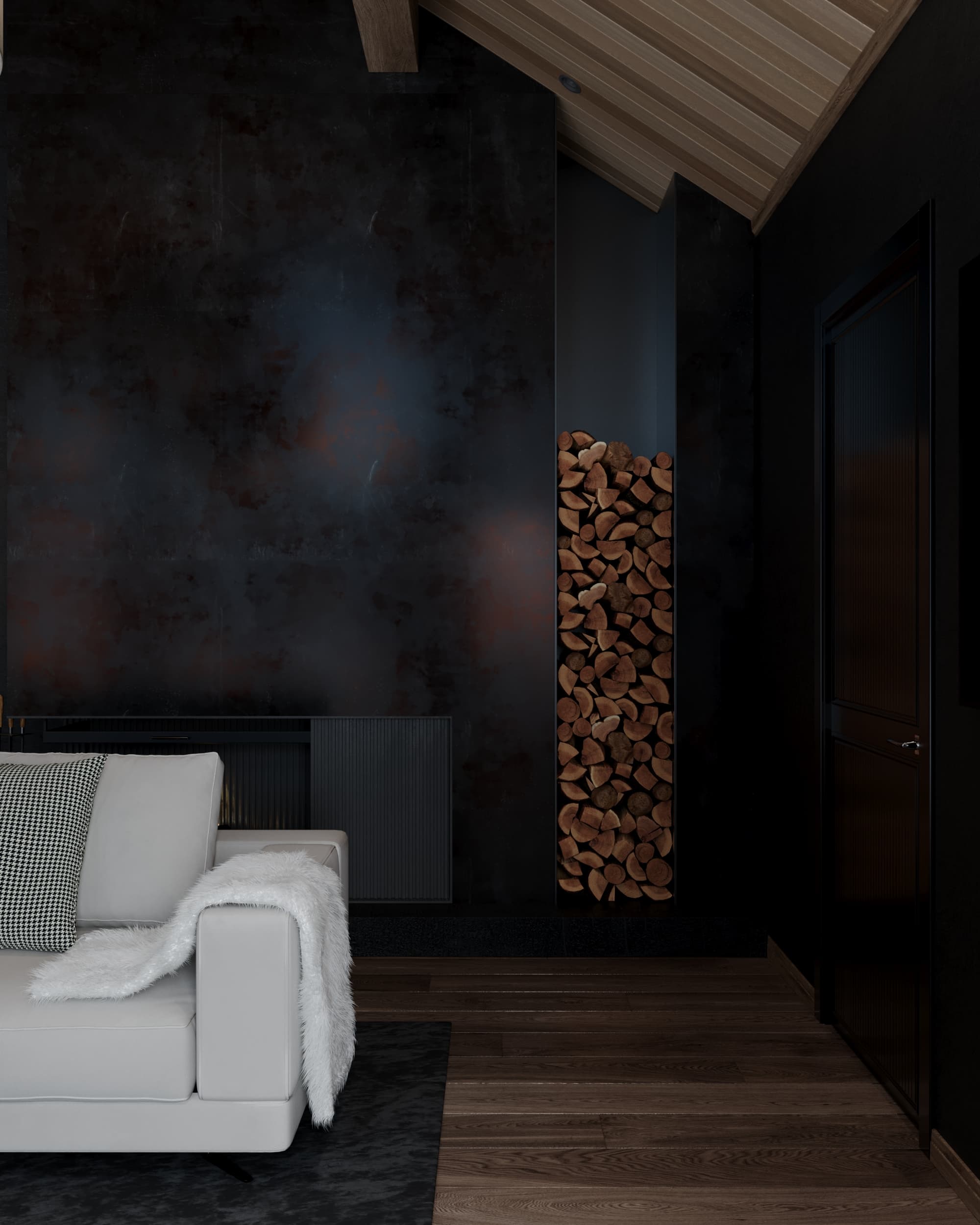 Firewood storage niche built into a dark accent wall in a modern chalet interior with soft neutral furniture and wood ceiling