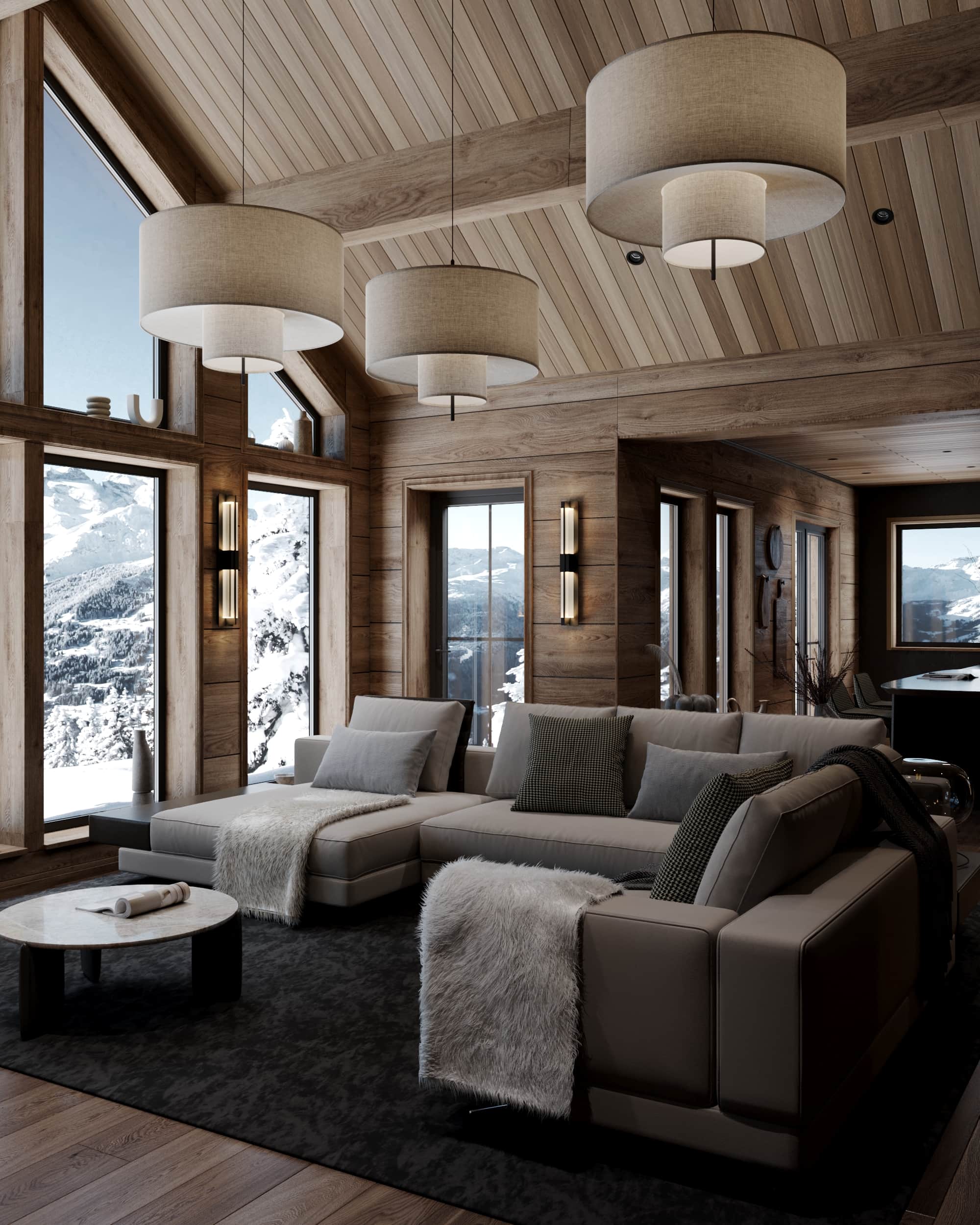 Elegant alpine chalet living room with wood-paneled walls, cozy sectional sofa, and mountain view through large windows