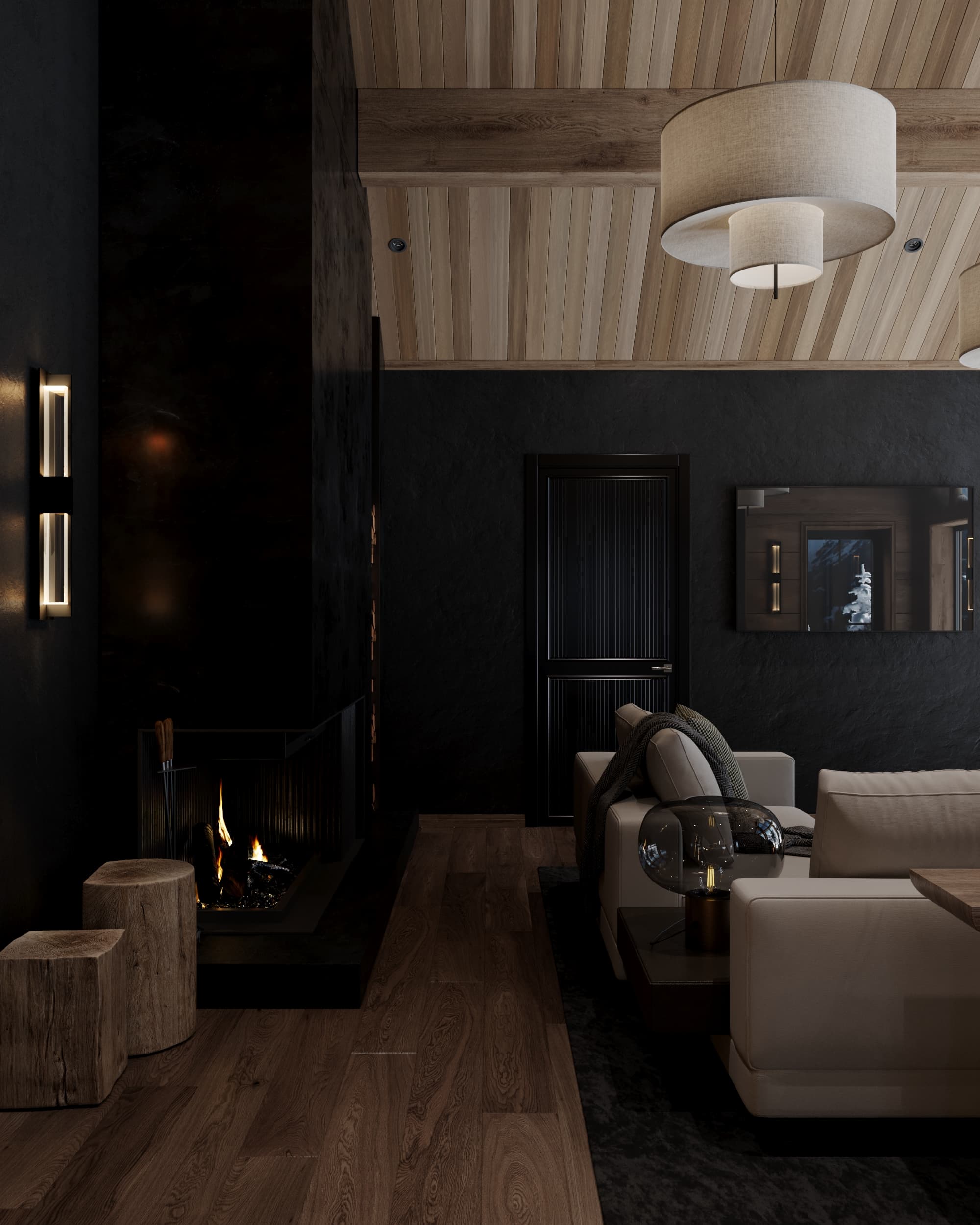 Cozy corner of a chalet living room with a modern fireplace, dark textured walls, wood accents, and ambient lighting