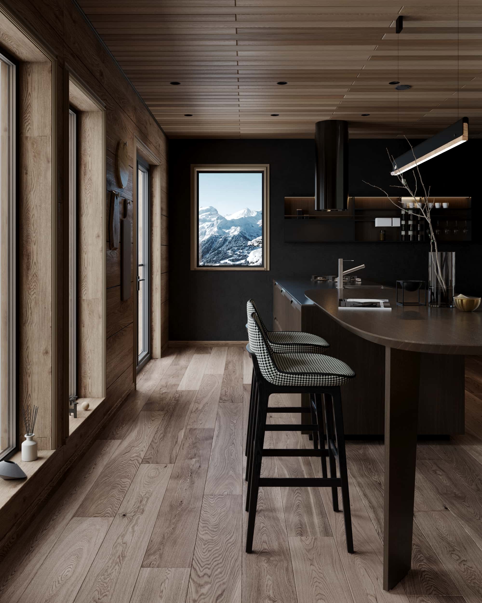 Modern chalet kitchen with natural wood flooring, black island counter, and framed Alpine view through minimalist window