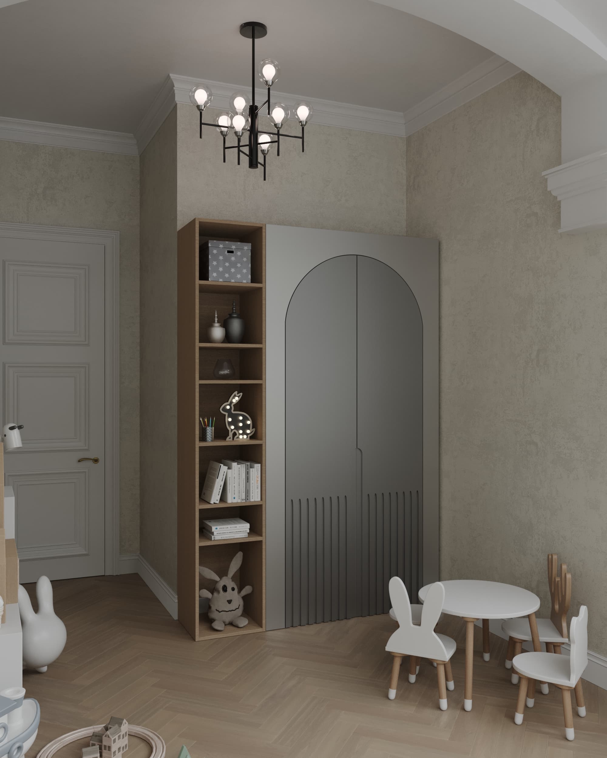 Children’s play corner with bunny chairs, round table, arched wardrobe, and warm lighting under a black modern chandelier