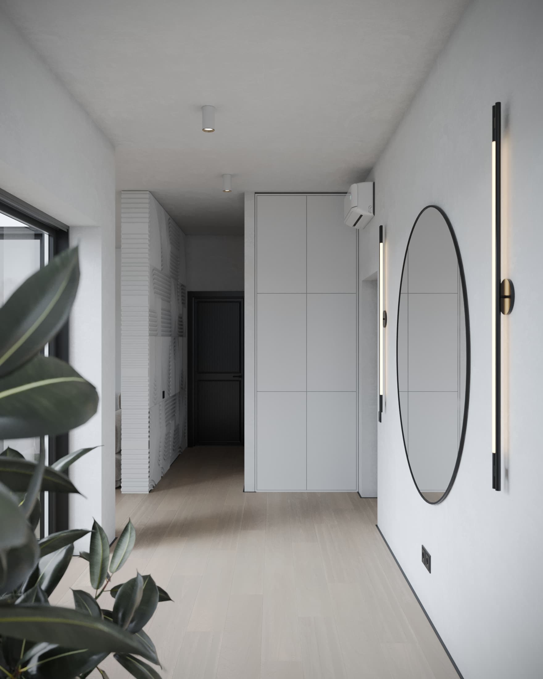 Minimalist hallway with round mirror, vertical wall lights, built-in storage, and light wood flooring connecting to living area