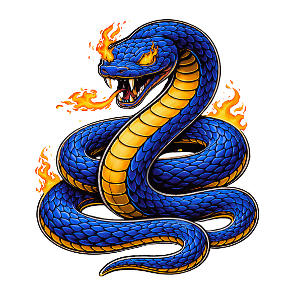 A coiled blue cobra with yellow underbelly scales and flaming eyes, surrounded by small flames, mouth open with visible fangs.