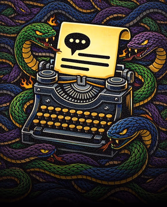 A vintage typewriter with a sheet of paper showing a speech bubble icon, surrounded by multiple colorful snakes (green, purple, and blue) coiled around it with small flames flickering among them.