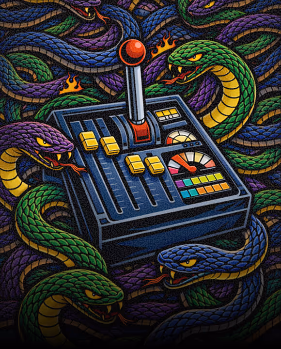 A retro control panel with a joystick, sliders, buttons, and gauges, placed among intertwined green, purple, and blue snakes with glowing eyes and small flames in the background.