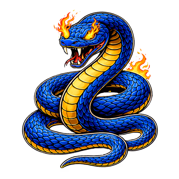 A coiled blue cobra with flaming eyes and flared hood, mouth open showing sharp fangs and red tongue, flames burning behind it.