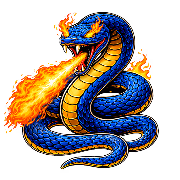 A coiled blue cobra with blazing eyes breathing a large stream of fire from its open mouth, flames surrounding its head and body.