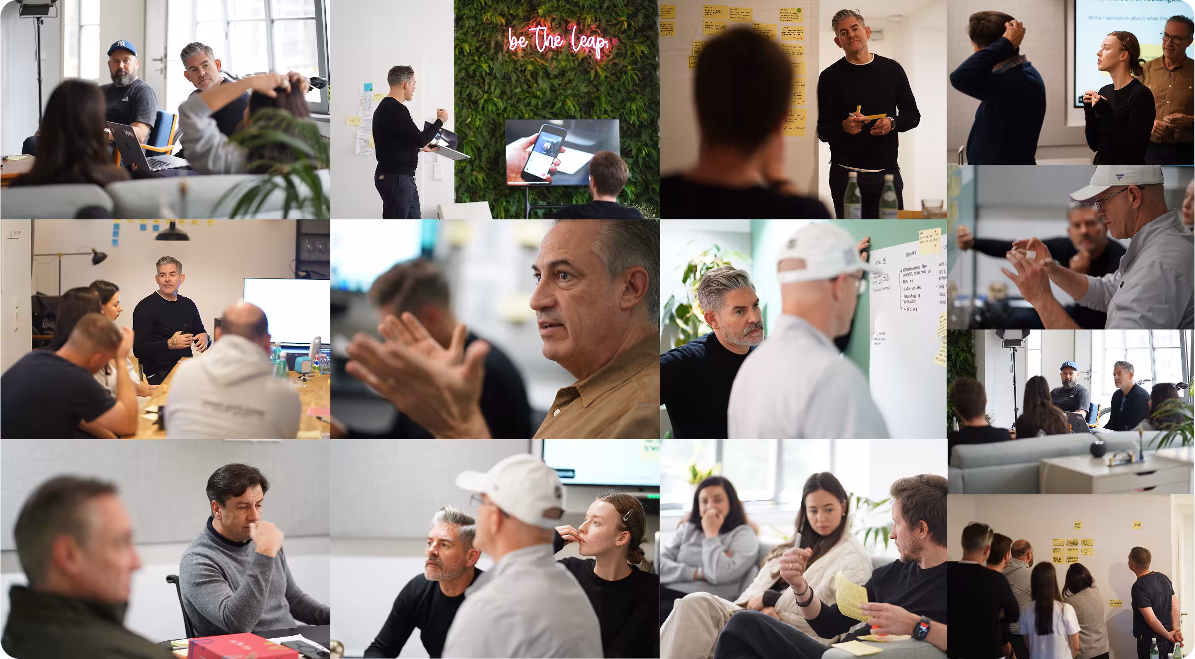 A multi-photo collage showing Rob Hamblen and startup c-suite executives collaborating during an active Design Sprint.