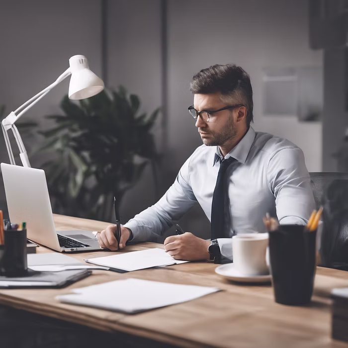Man sat calmly at a desk in an office