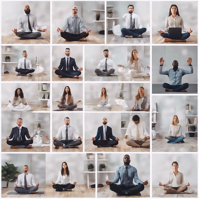 Collage of men and women practicing meditation in their offices