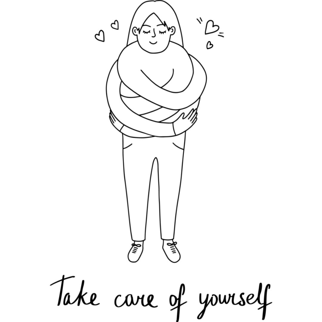 A drawing showing self love by giving yourself a hug