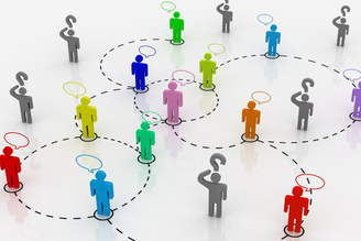 A 3D illustration of a network of colorful figures connected by dotted lines, some figures have speech bubbles or question marks above their heads.