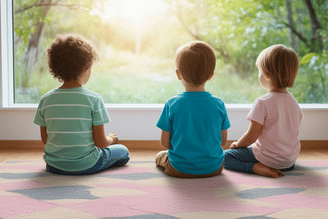 Three children sit on a patterned rug facing a large window with sunlight streaming through the trees outside.