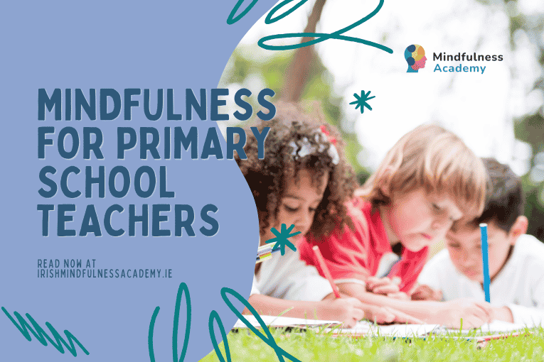 A poster showing children playing in the garden, reflecting on their day, practicing mindfulness skills that have been conveyed by their primary school teacher