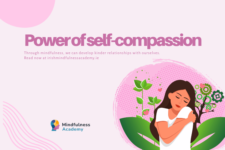 A person with closed eyes hugs themselves, surrounded by stylized plants, gears, and pink dots, symbolizing self-care and personal growth.