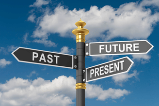 A signpost with four arrows pointing in different directions, labeled "PAST", "PRESENT", and "FUTURE".