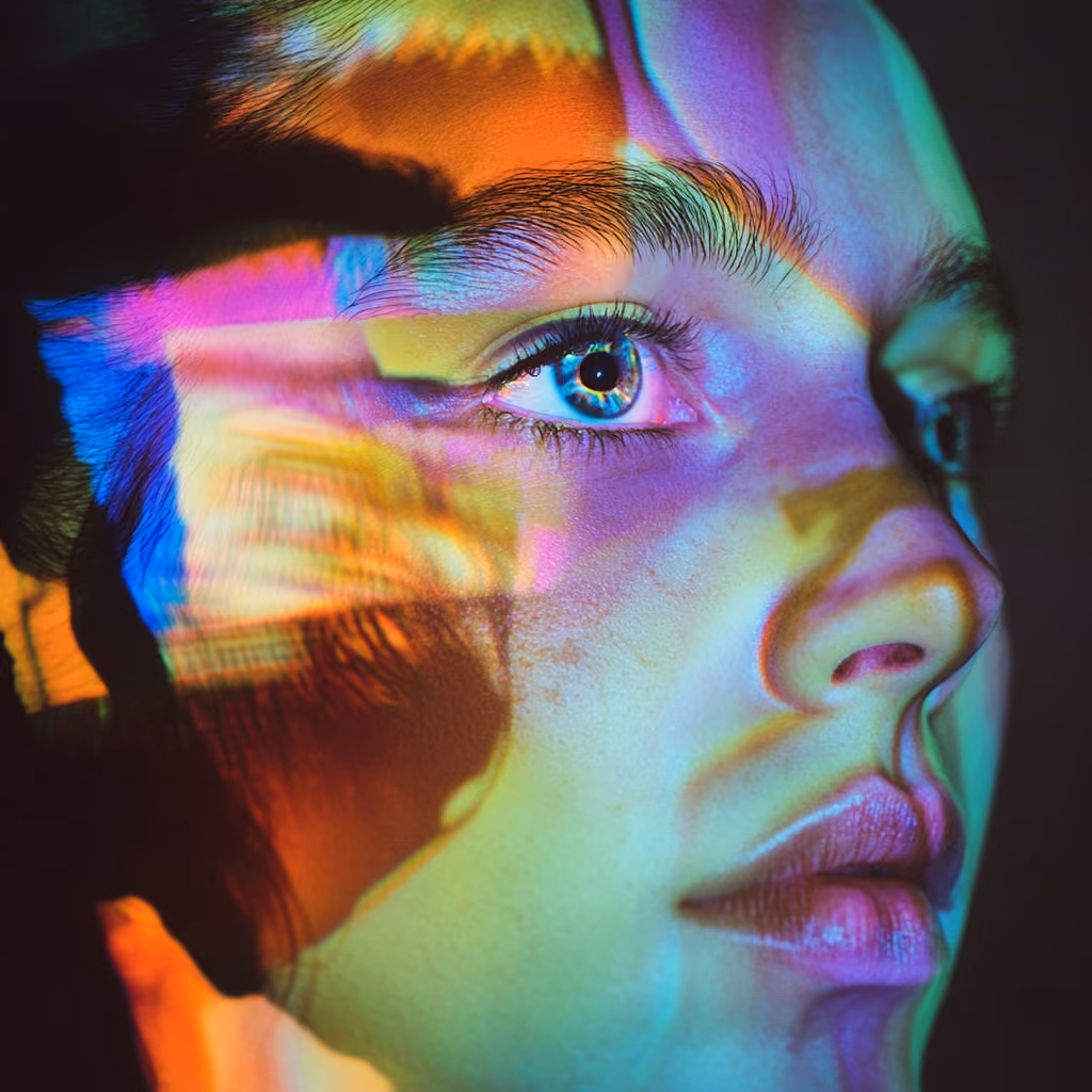 Close-up of a face with colorful light patterns projected across it