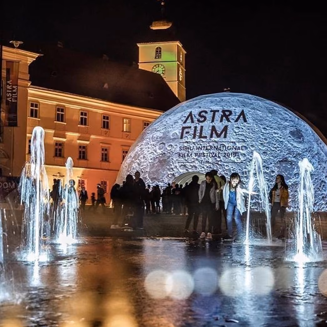 Geodesic dome with lunar surface projection mapping at Astra Film Festival, Sibiu, Romania