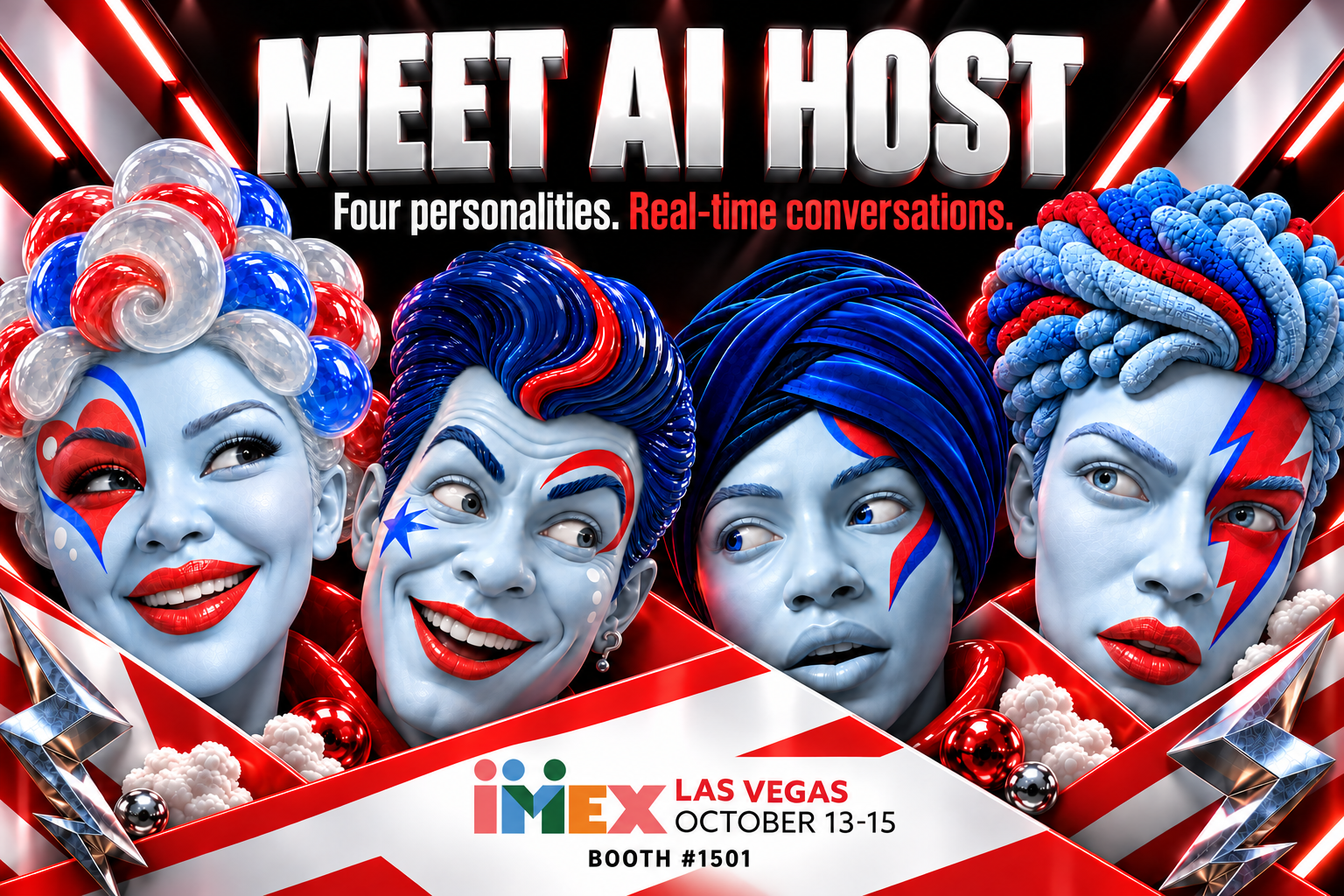 Four NewMedia AI HOST characters at IMEX America booth 1501