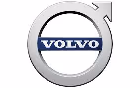 Volvo company logo featuring a silver circle with an arrow pointing northeast and the word VOLVO in white on a blue horizontal bar.