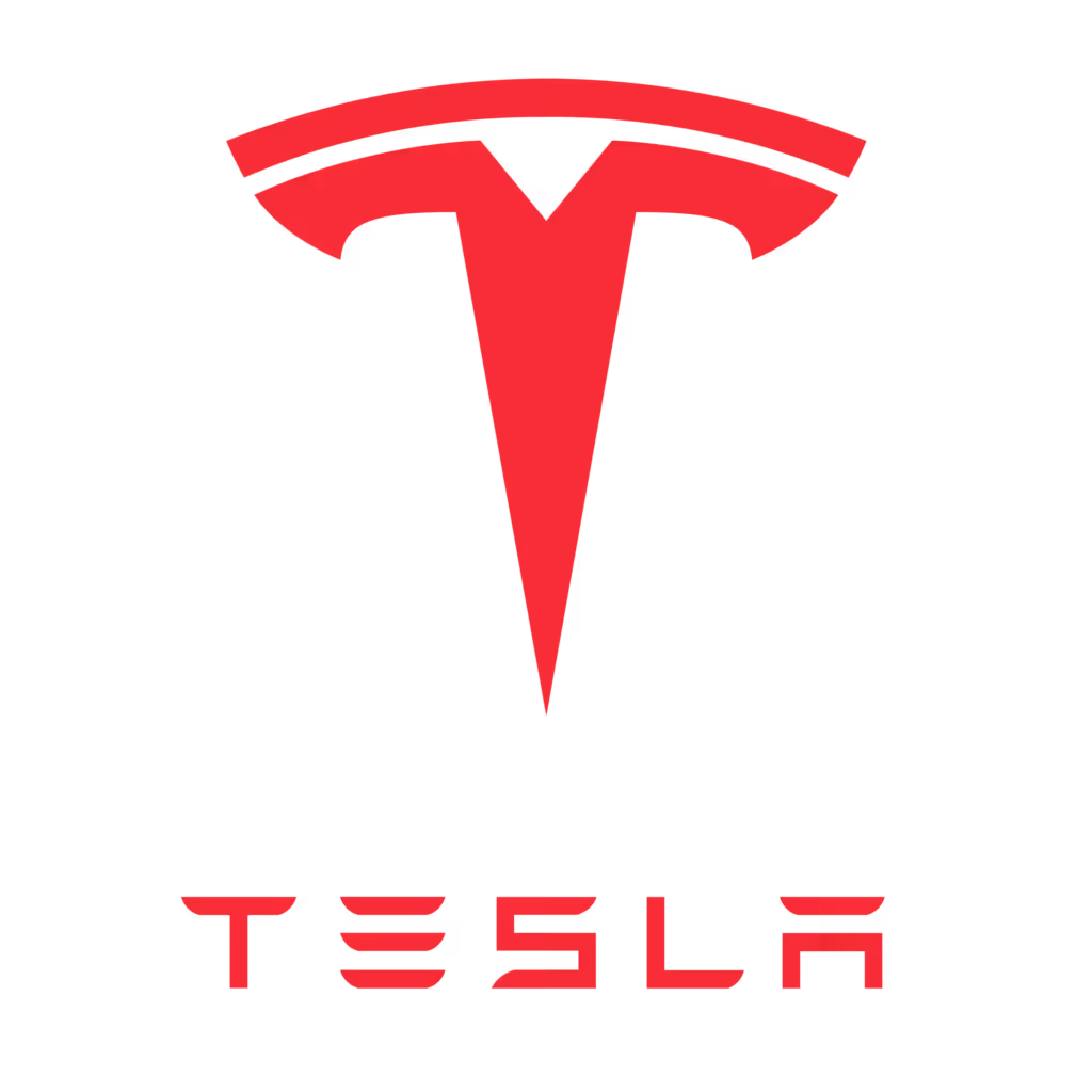 Tesla logo featuring a stylized red T above the word TESLA in red letters on a white background.