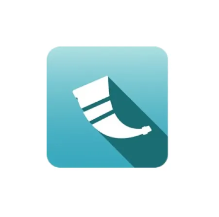 White drinking horn icon with shadow on a blue square background.