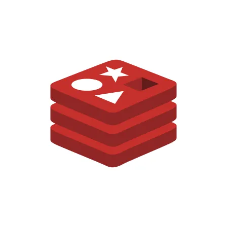 Red stacked layers with shapes including a star, circle, triangle, and hollow square on the top layer, representing the Redis database logo.