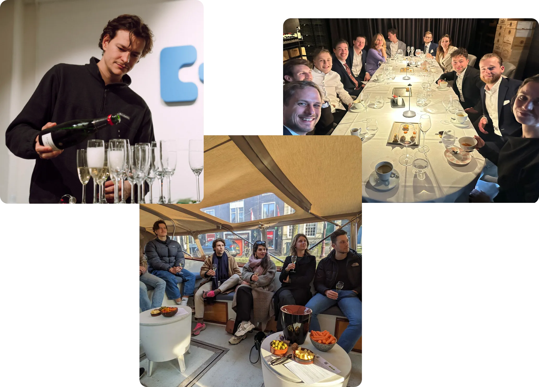 Collage of three photos showing people celebrating: a man pouring champagne into glasses, a group of people sitting at a dinner table with wine glasses and coffee cups, and a casual gathering on a boat with snacks and drinks.