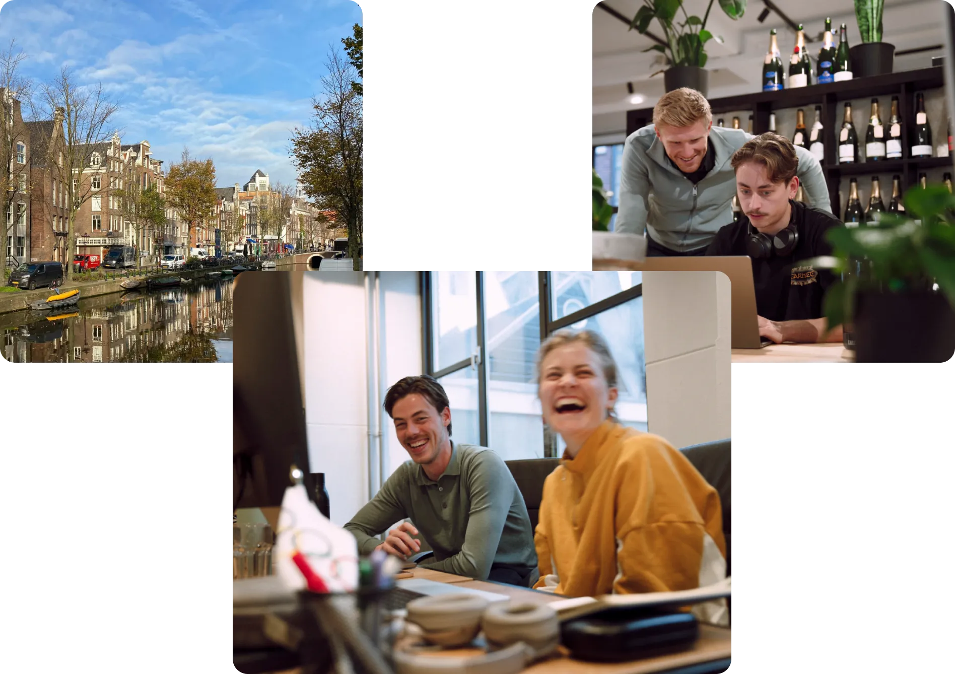 Collage of three images: Amsterdam canal with historic buildings, two men working together on a laptop in an office with champagne bottles behind, and a man and woman laughing at a desk by large windows.