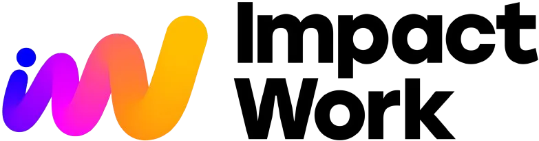 Impact Work logo with stylized gradient letters 'iw' transitioning from blue and purple to pink and orange, followed by black text 'Impact Work'.
