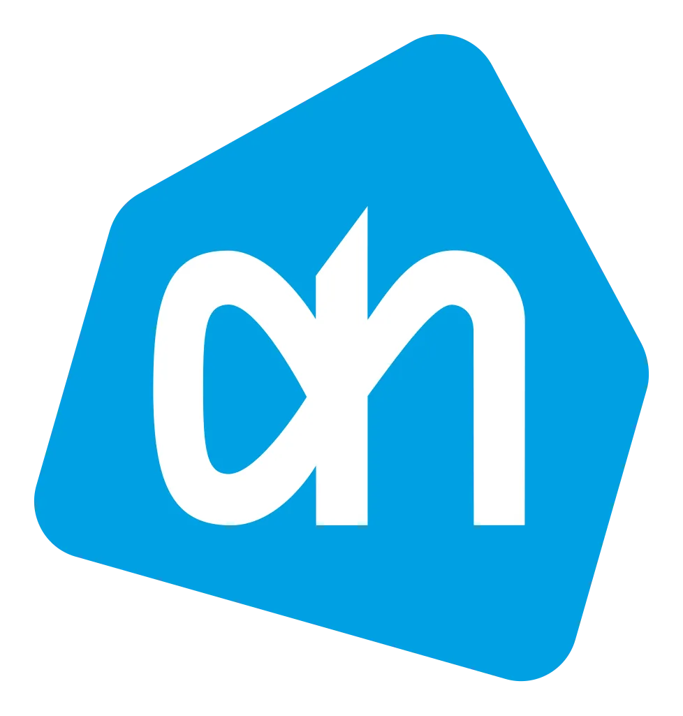 Albert Heijn logo with white lowercase letters 'ah' on a blue pentagon background.
