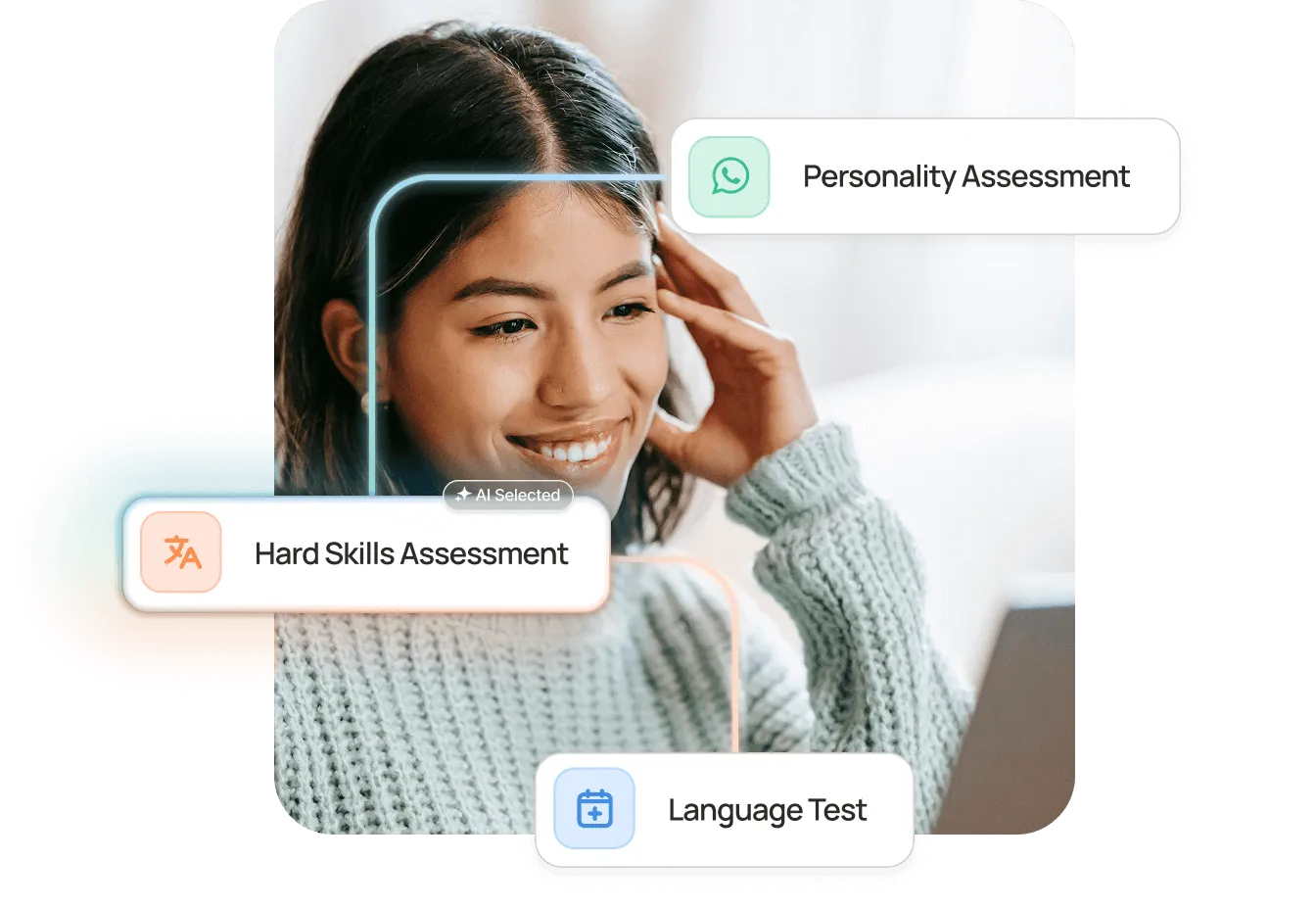 Smiling woman with dark hair wearing a knitted sweater, surrounded by labels for Personality Assessment, Hard Skills Assessment, and Language Test.