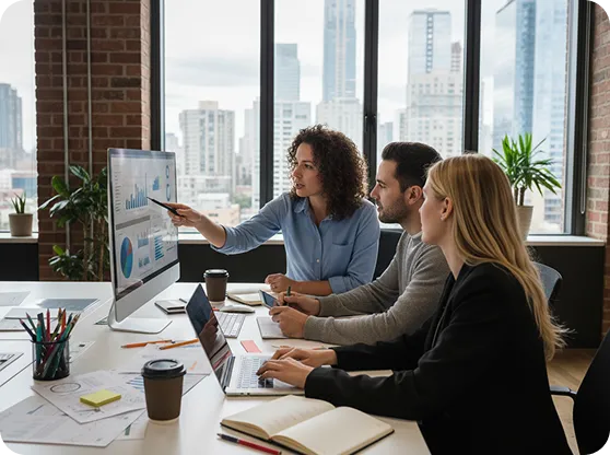 Three coworkers analyzing data charts on a desktop screen in a modern office with city views.