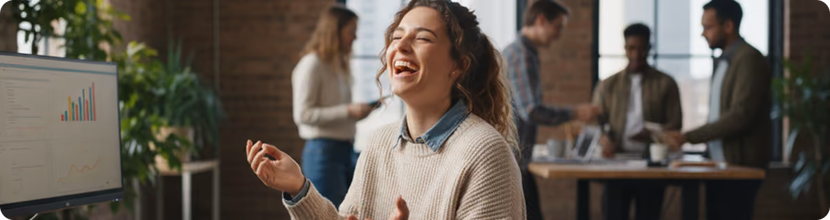 A woman in a beige sweater laughing joyfully in an office with coworkers in the background and a computer screen showing graphs.