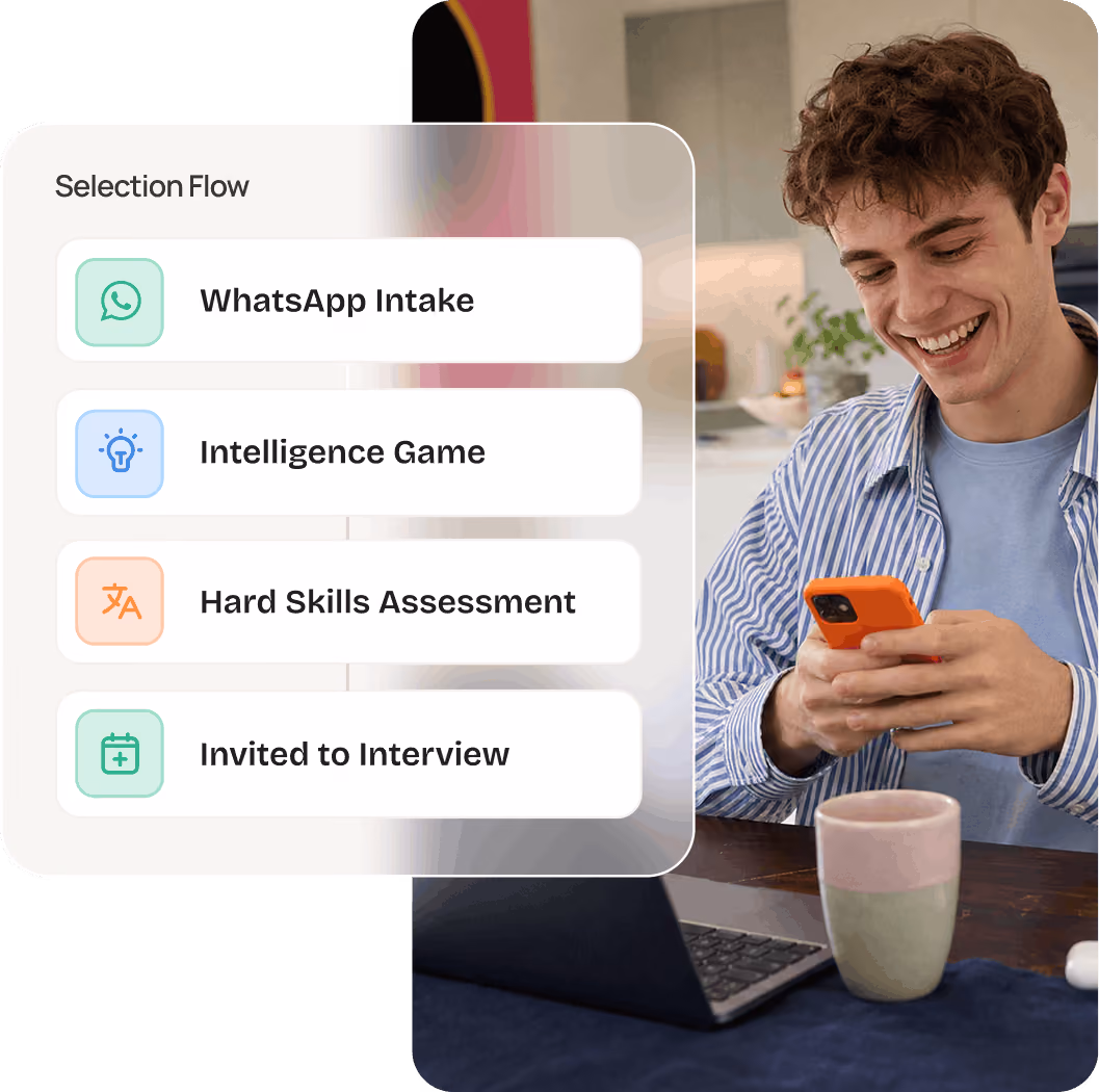 Candidate smiling at his phone next to a Selection Flow card: WhatsApp Intake Quiz, Intelligence Game, Hard Skills Assessment, Invited to Interview