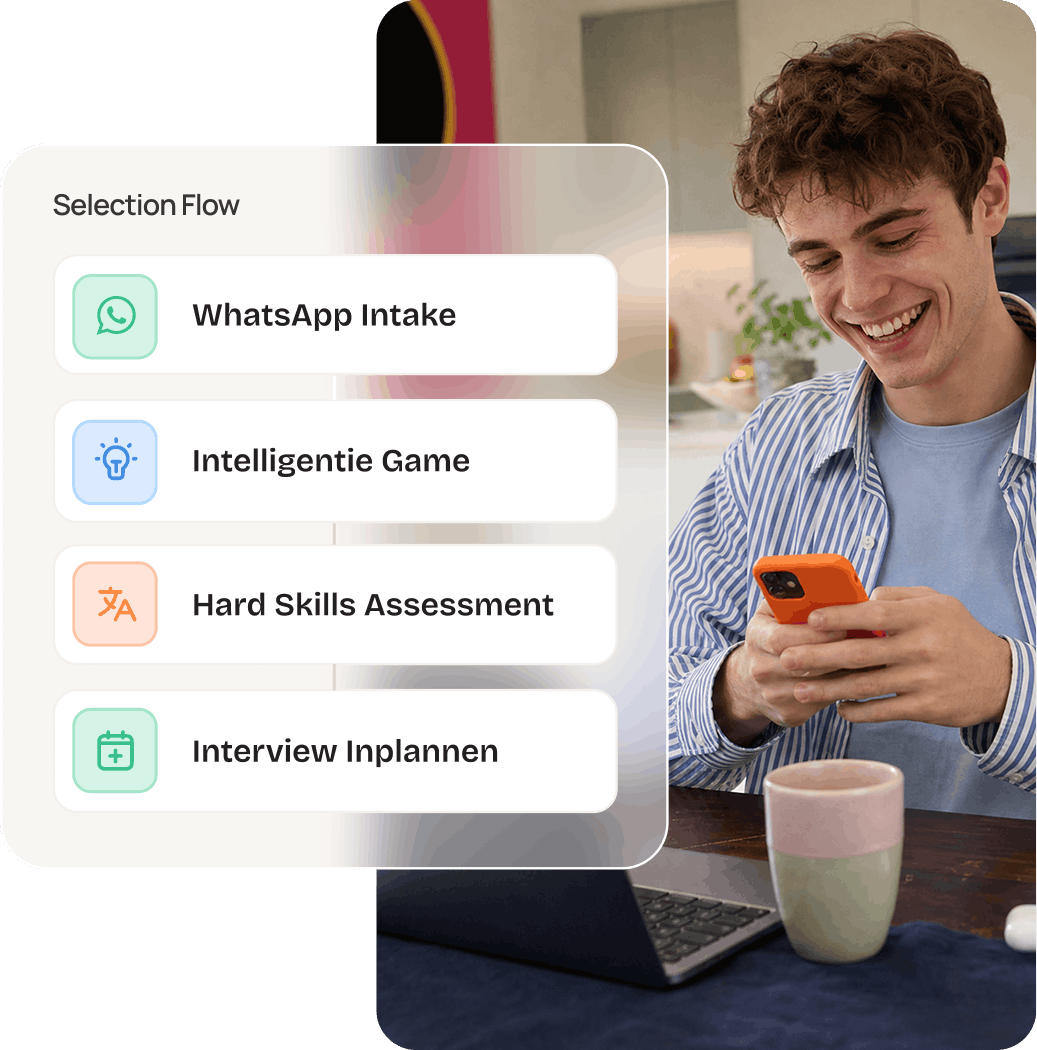 Candidate smiling at his phone next to a Selection Flow card: WhatsApp Intake Quiz, Intelligence Game, Hard Skills Assessment, Invited to Interview