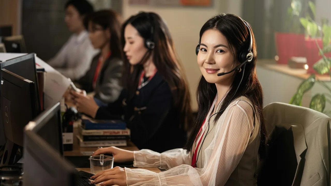 Customer service agent with a headset working at a computer in a multilingual team