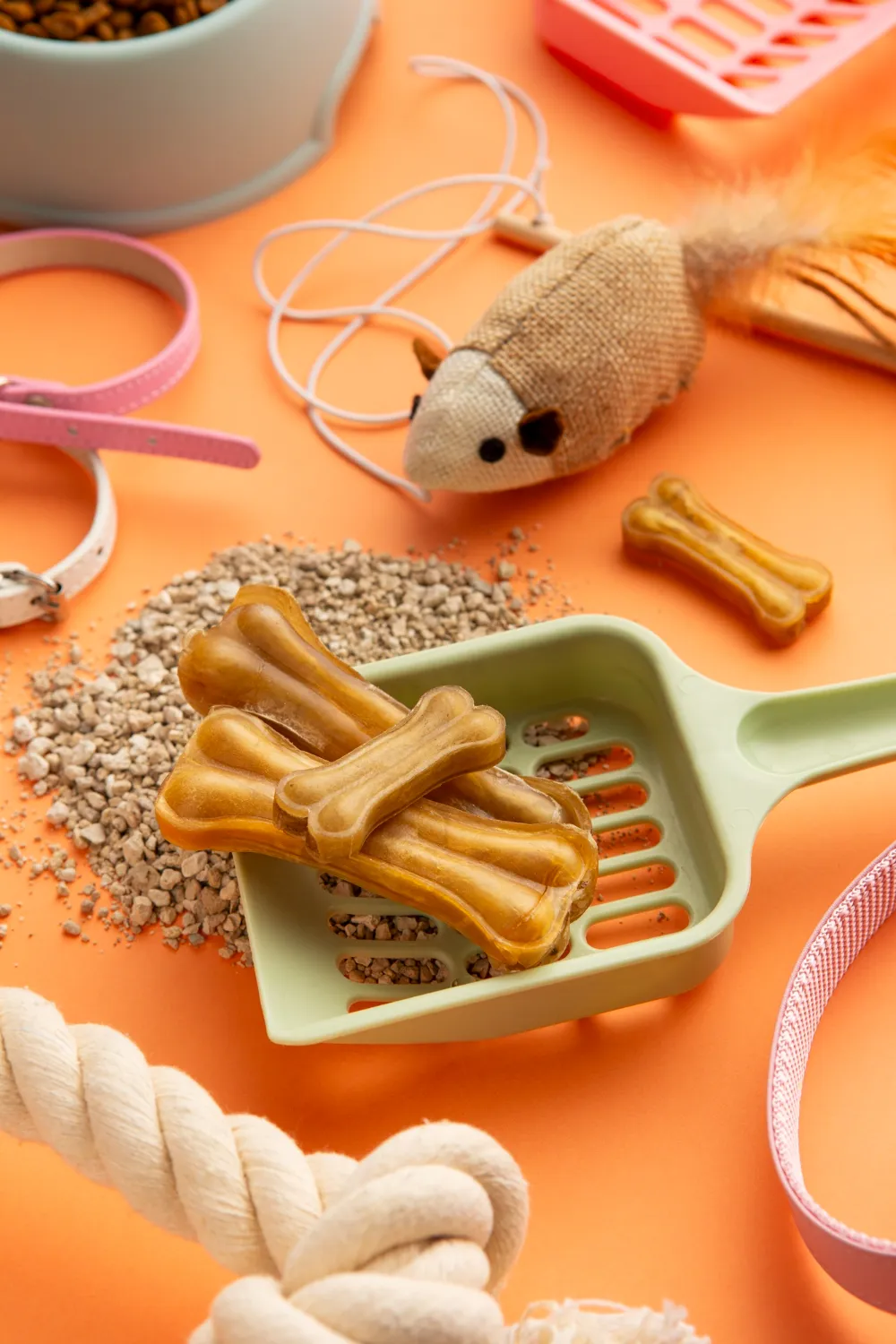 A bowl of dog treats on a table.