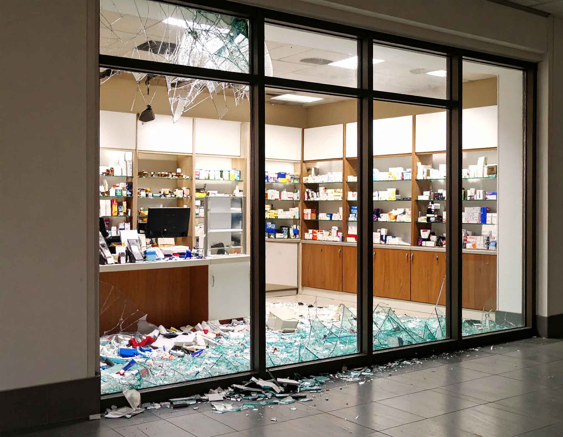 Damaged and smashed pharmacy shop window