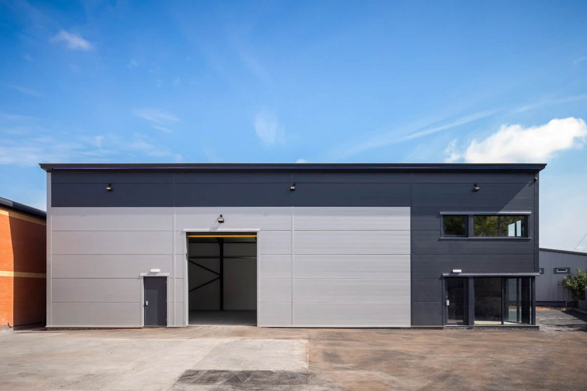 Steel frame construction of Carpigiani House office and warehouse in Herefordshire