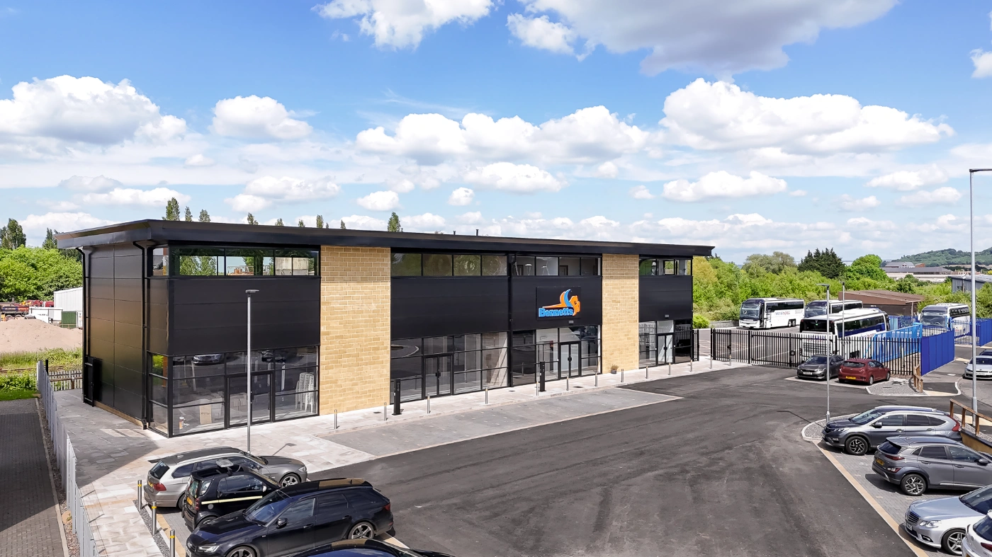 Exterior cladding on the Bennetts Coaches headquarters and maintenance facility