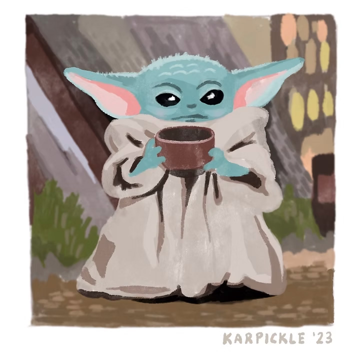 A cute illustration of Grogu from Star Wars holding a cup