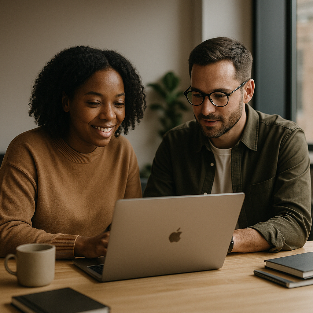 UX designer and brand strategist working together in a modern, minimalist office with a warm, friendly atmosphere.